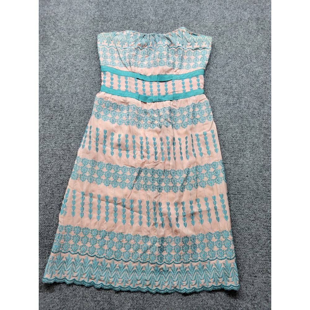 Tracy Reese New York Strapless Silk Embroidered Dress Peach Teal Size 2